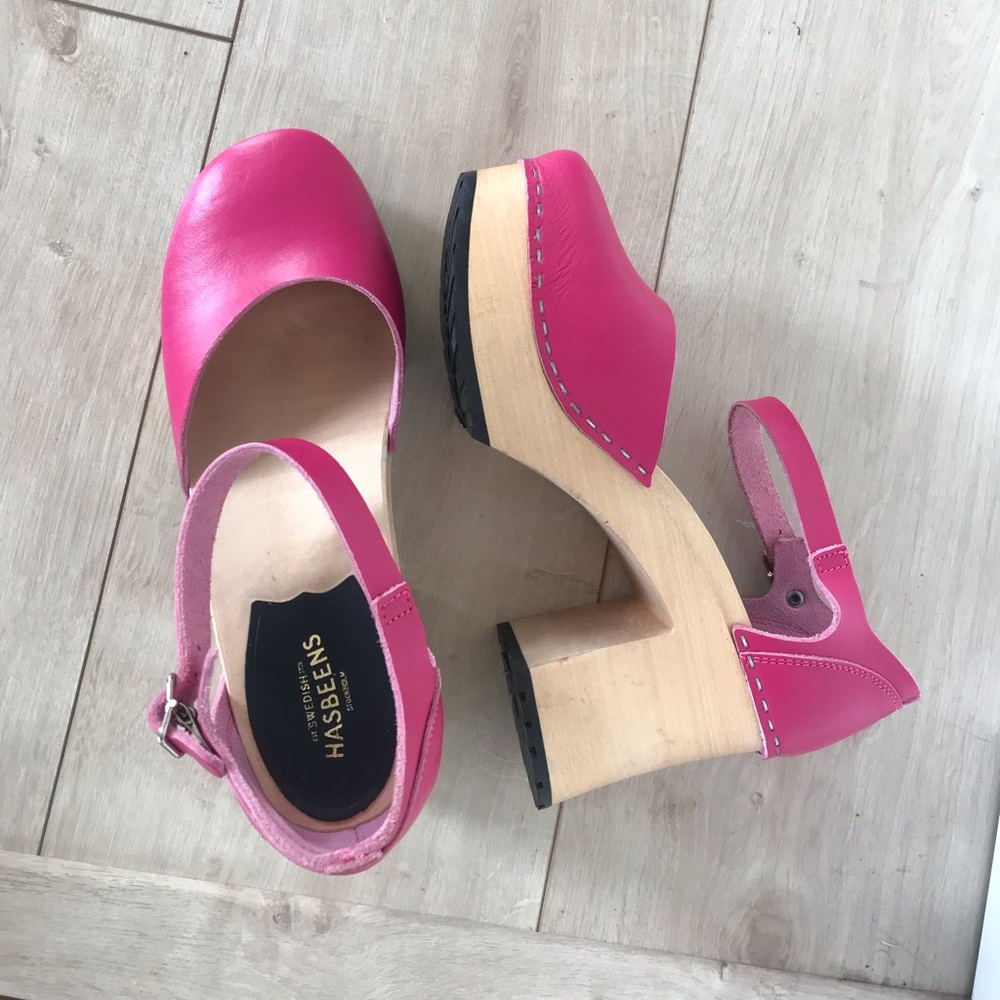 Swedish Hasbeens Wood/High platform size 38. Hot Pink! RARE